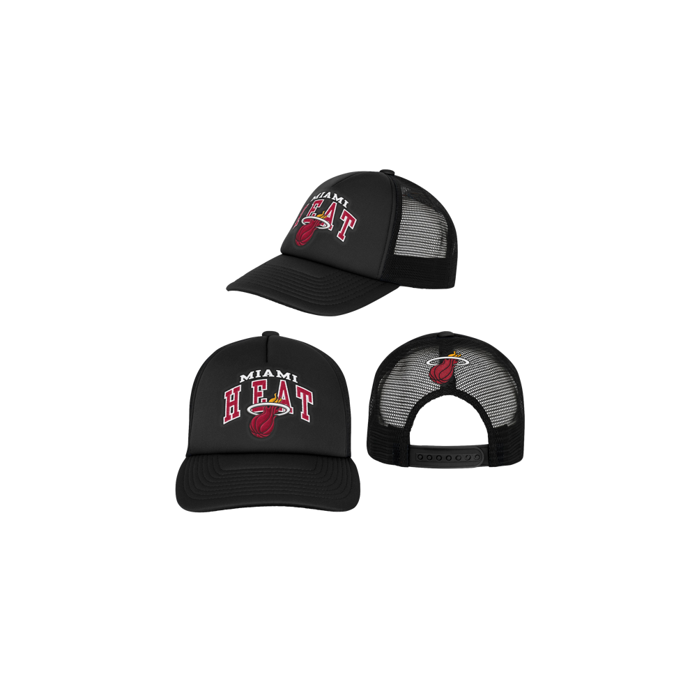 The Outerstuff Miami HEAT Youth Foam Trucker Snapback is a black polyester hat with mesh back, red and white logo/text, and adjustable snap closure. One size fits most; spot clean only.