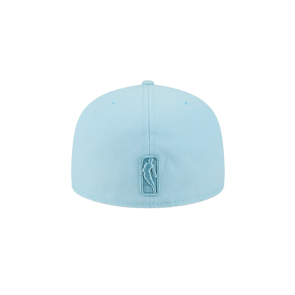 A New Era Miami HEAT Light Blue Color Pack Fitted Hat is shown from the back on a white background. It features a basketball player logo above the brim, with a durable fitted structure made from polyester.