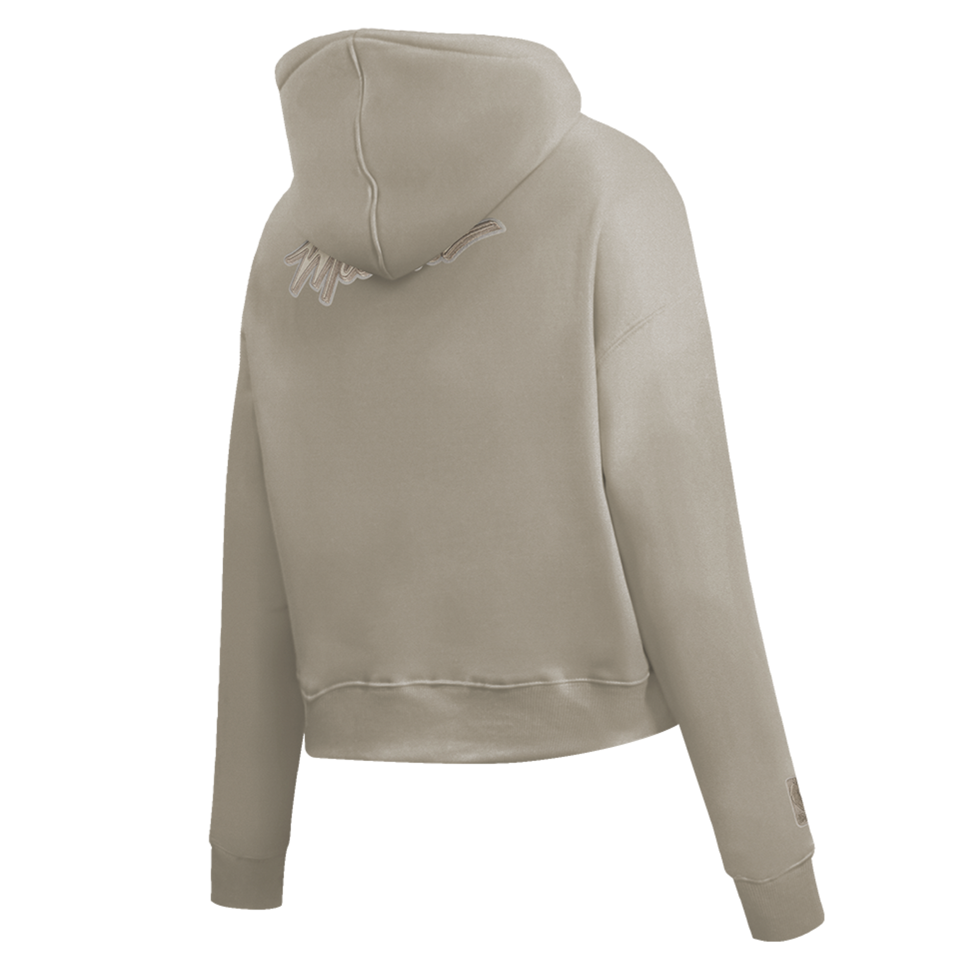The Pro Standard Miami HEAT Original Vice Nights Beige Women's Hoodie features a cropped fit, long sleeves, hood, visible stitching, subtle embroidered text near the neckline, and a small sleeve patch. Made from cotton-polyester. Wash with like colors.