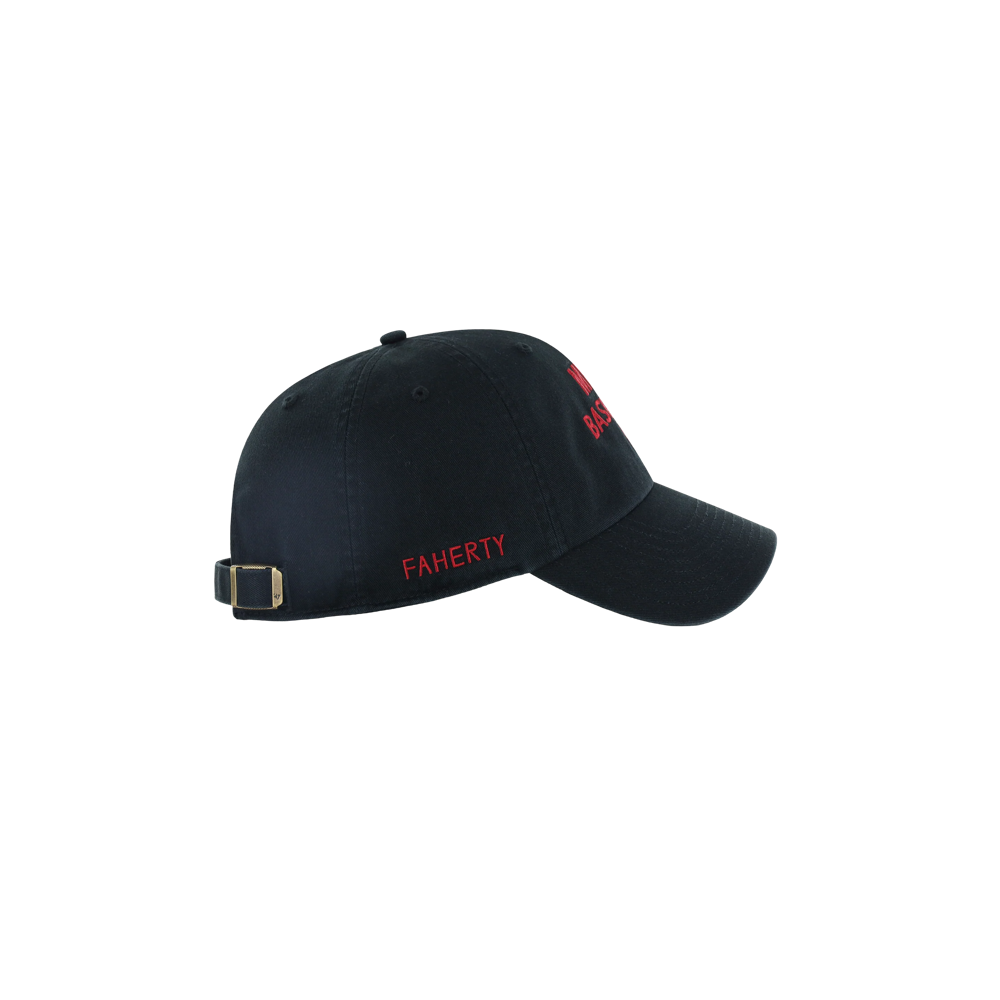 ’47 Brand x Faherty Miami HEAT Dad Hat in black washed cotton, featuring red flat embroidery on the side and an adjustable strap with a gold buckle at the back.