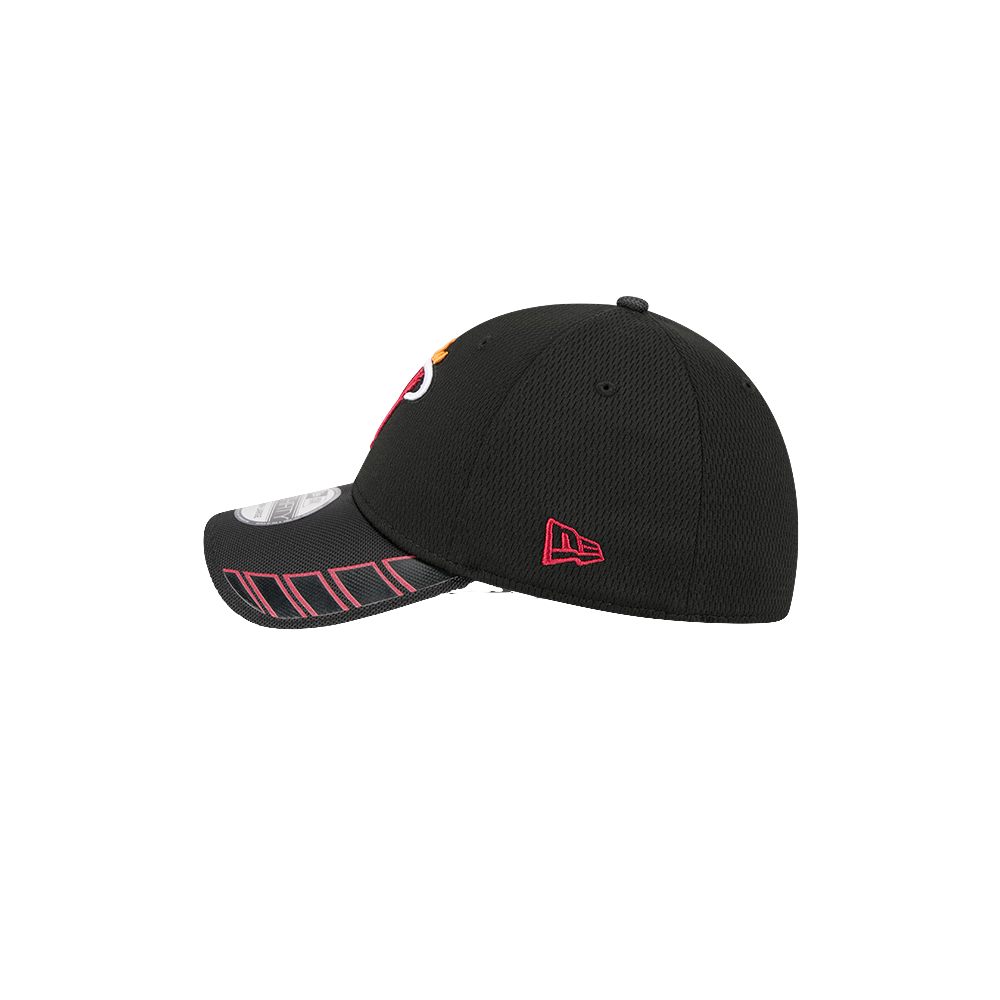 Black New Era flex fit hat with Miami HEAT logo and red side emblem, curved brim. - New Era Miami HEAT Hit Flex Fit Hat