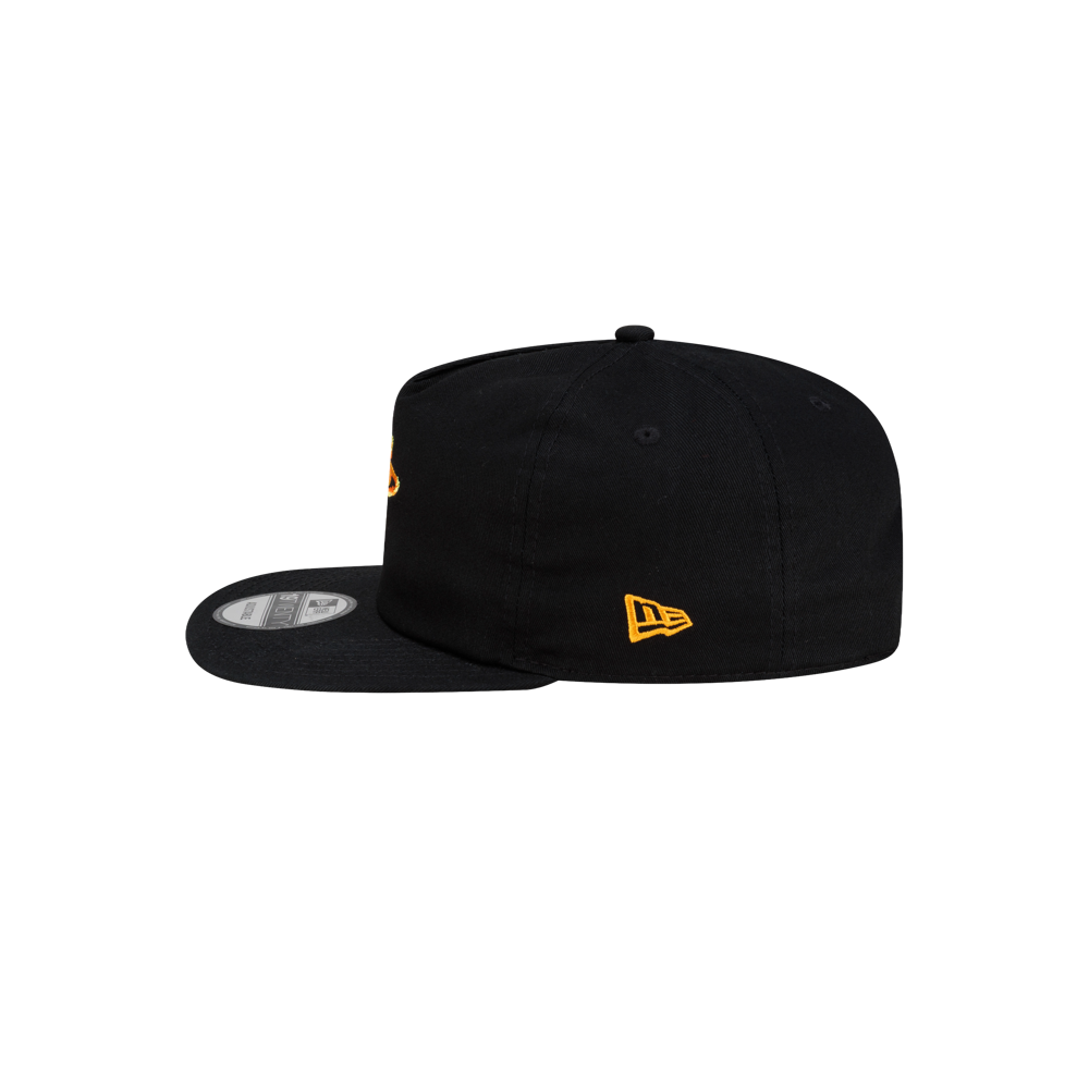Black Court Culture x New Era Palm n’ Flame snapback cotton cap featuring a flat brim and a yellow logo on the side.