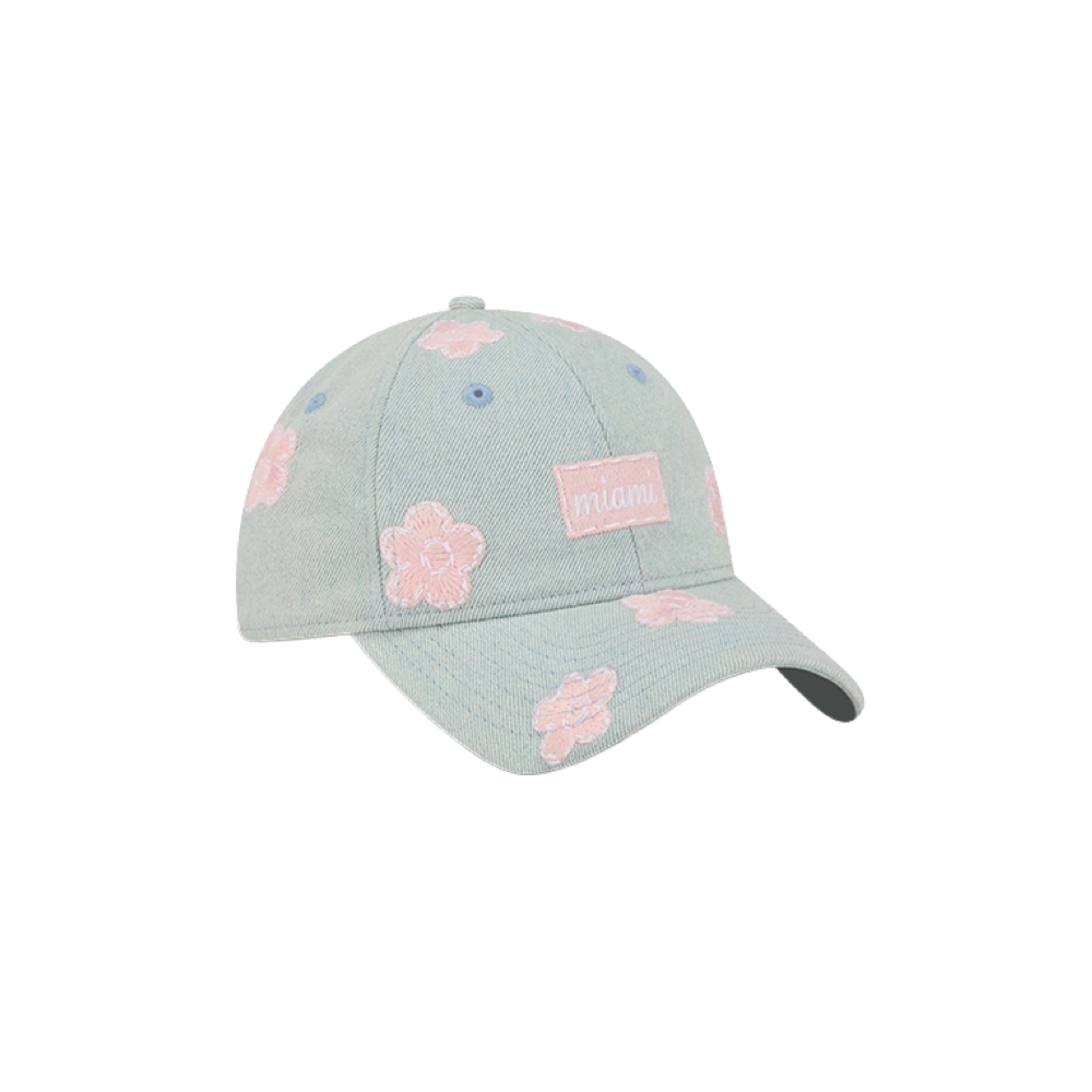 Denim blue Miami HEAT youth dad hat with pink floral embroidery and adjustable strap. - New Era Miami HEAT Floral Youth Dad Hat