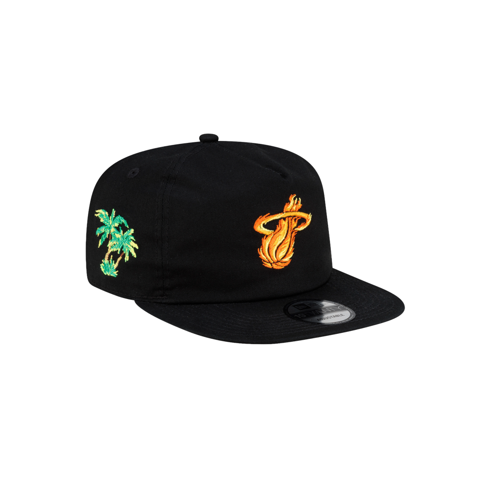 Court Culture x New Era Palm n’ Flame black snapback cotton hat featuring an embroidered orange flame-basketball logo on the front and a green palm tree graphic on the side.