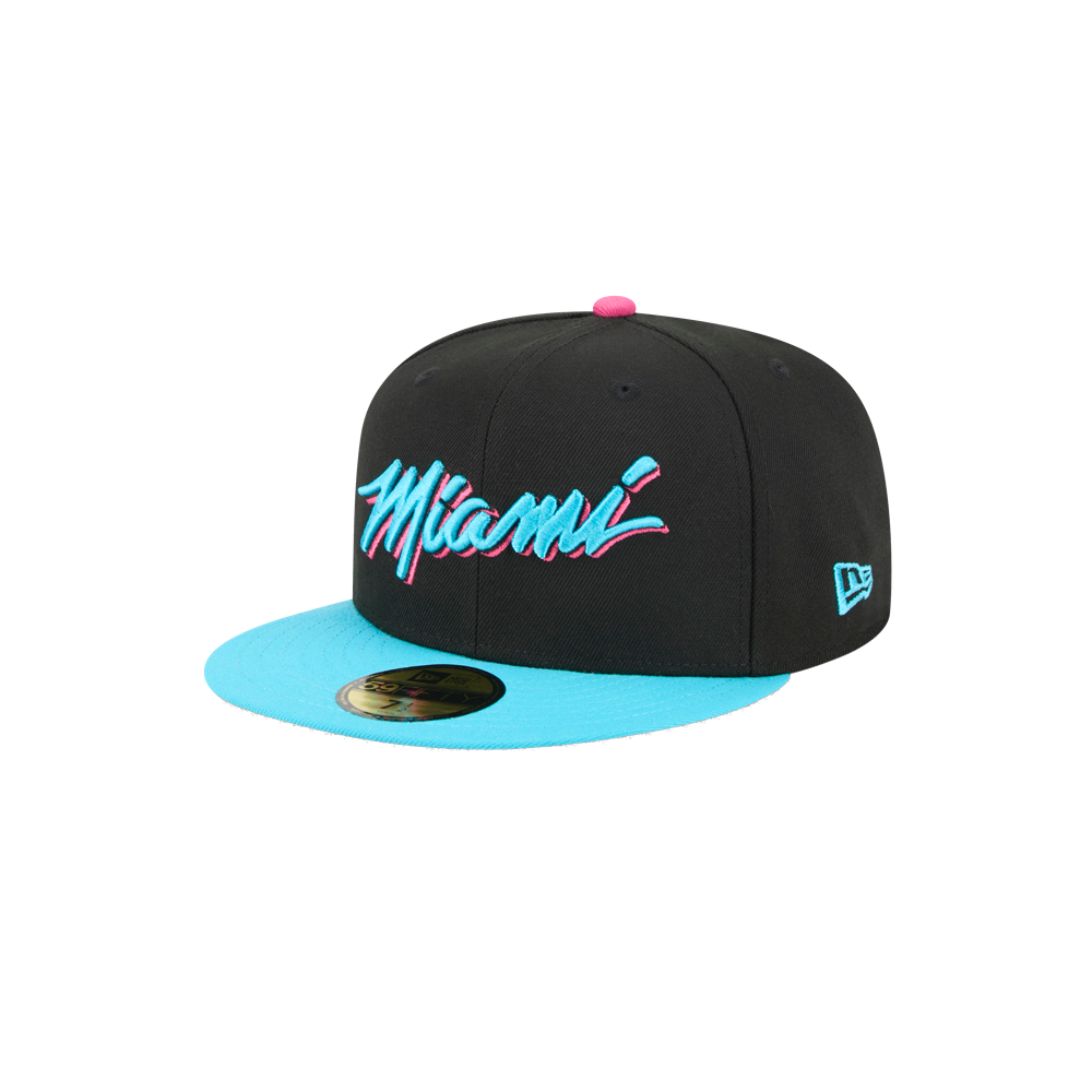 The New Era Miami HEAT Original Vice Nights Fitted Hat is a black polyester cap with a bright blue brim. 