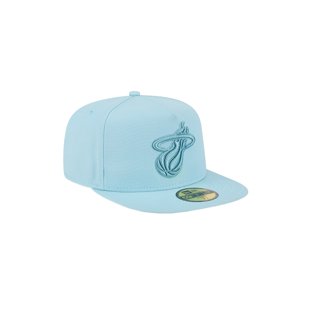 The New Era Miami HEAT Light Blue Color Pack Fitted Hat features a flat brim, embroidered team logo on the front, gold sticker on the brim, and is shown on a white background.
