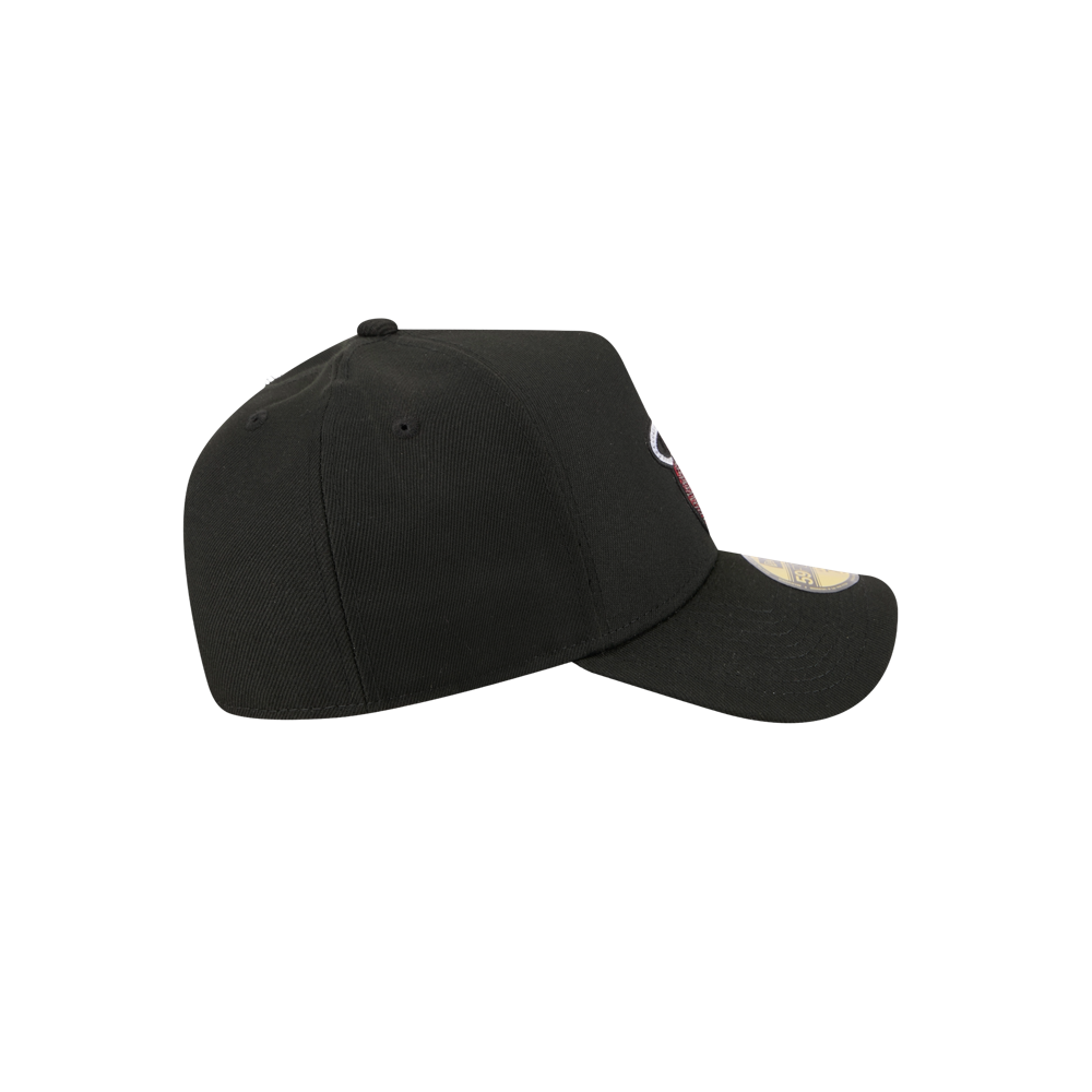 The New Era Miami HEAT 2026 Draft Fitted cap, shown from the side with a curved brim, structured crown, and circular sticker on the brim, is set against a white background. Spot clean recommended.