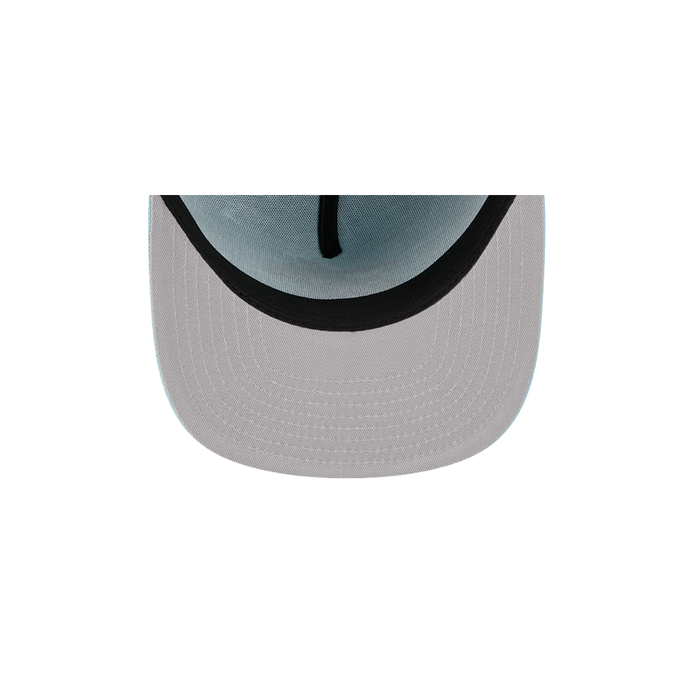 Top-down view of the New Era Miami HEAT Light Blue Color Pack Fitted Hat, featuring white stitching, black inner band, and a fitted polyester structure by New Era, set against a plain white background.