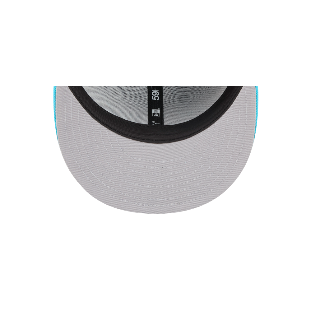 Top view of the New Era Miami HEAT Original Vice Nights Fitted Hat: gray polyester fitted cap with light blue accents on the crown edge, black inner band, and a branded label inside. Spot clean only.