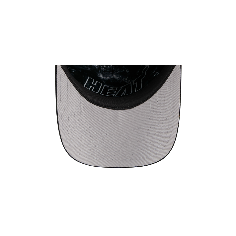 Top view of the New Era Miami HEAT 2026 Draft Fitted gray polyester hat with black-trimmed brim; underside features bold 