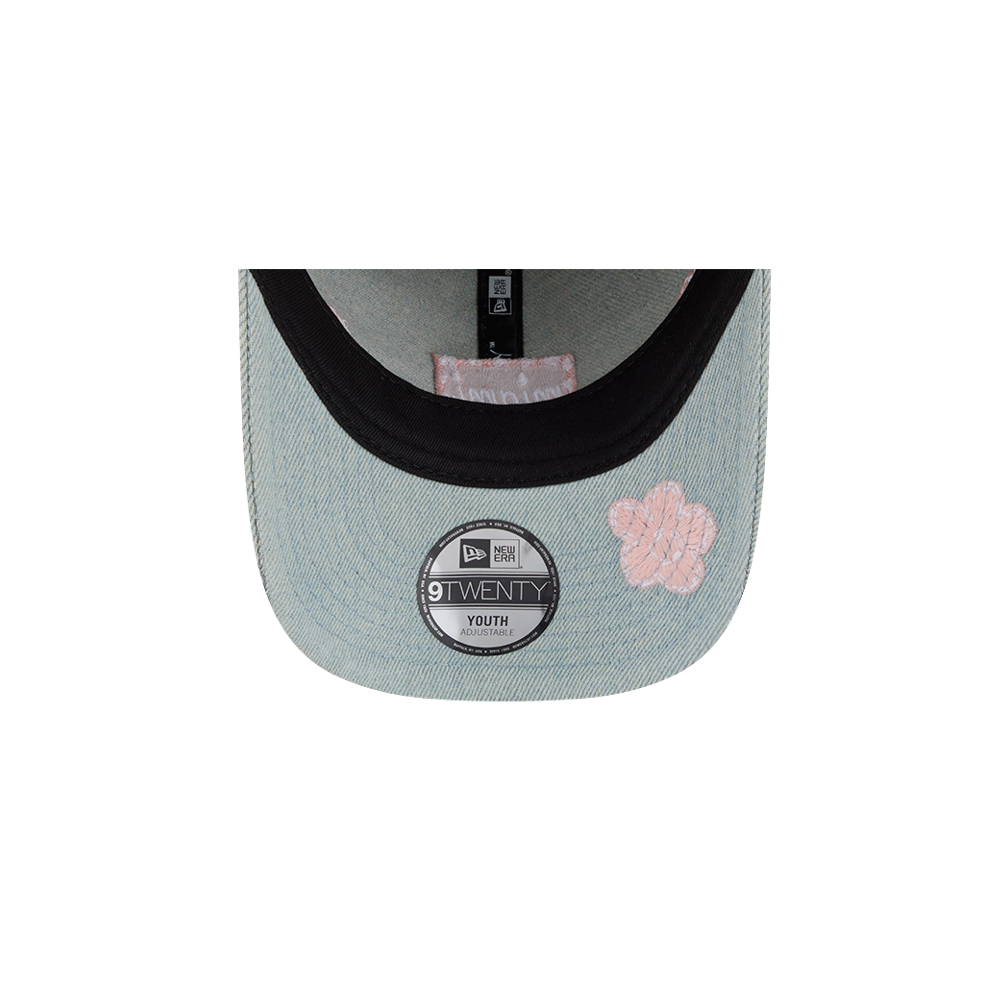 Denim New Era dad hat with pink floral embroidery and Miami HEAT logo label on adjustable youth cap. - New Era Miami HEAT Floral Youth Dad Hat