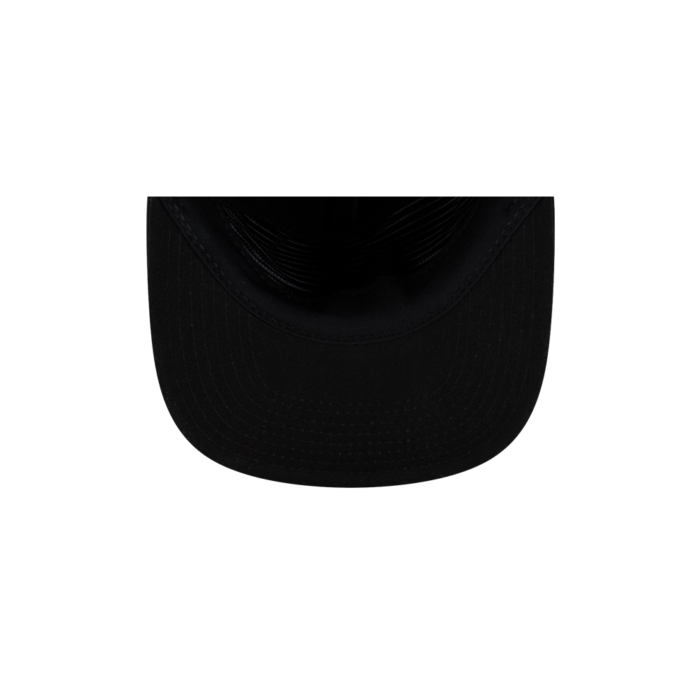 Top-down view of a black Court Culture x New Era Palm n’ Flame Snapback, showing the crown and curved brim.