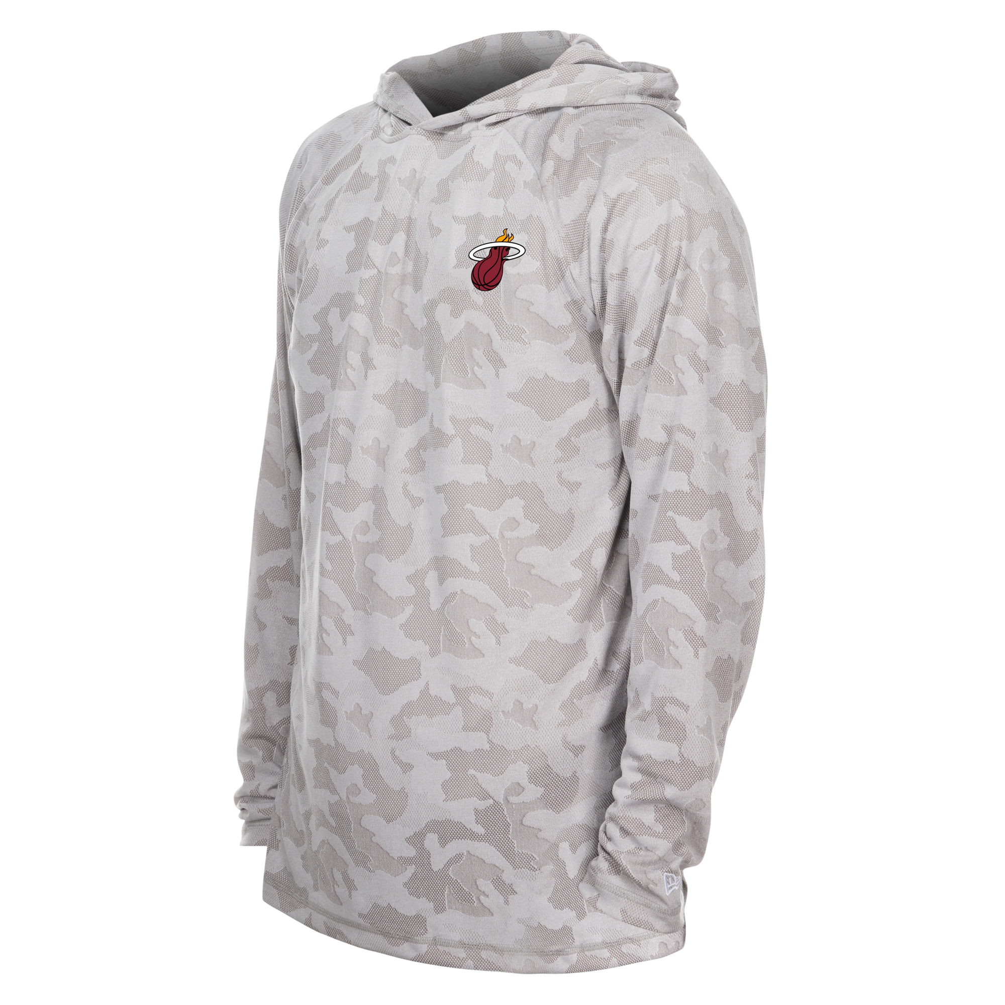 The New Era Miami HEAT Camo Hooded Long Sleeve Tee features a light gray camo pattern, polyester standard fit, long sleeves, and a small red and yellow Miami HEAT logo on the left chest, shown on a plain white background.