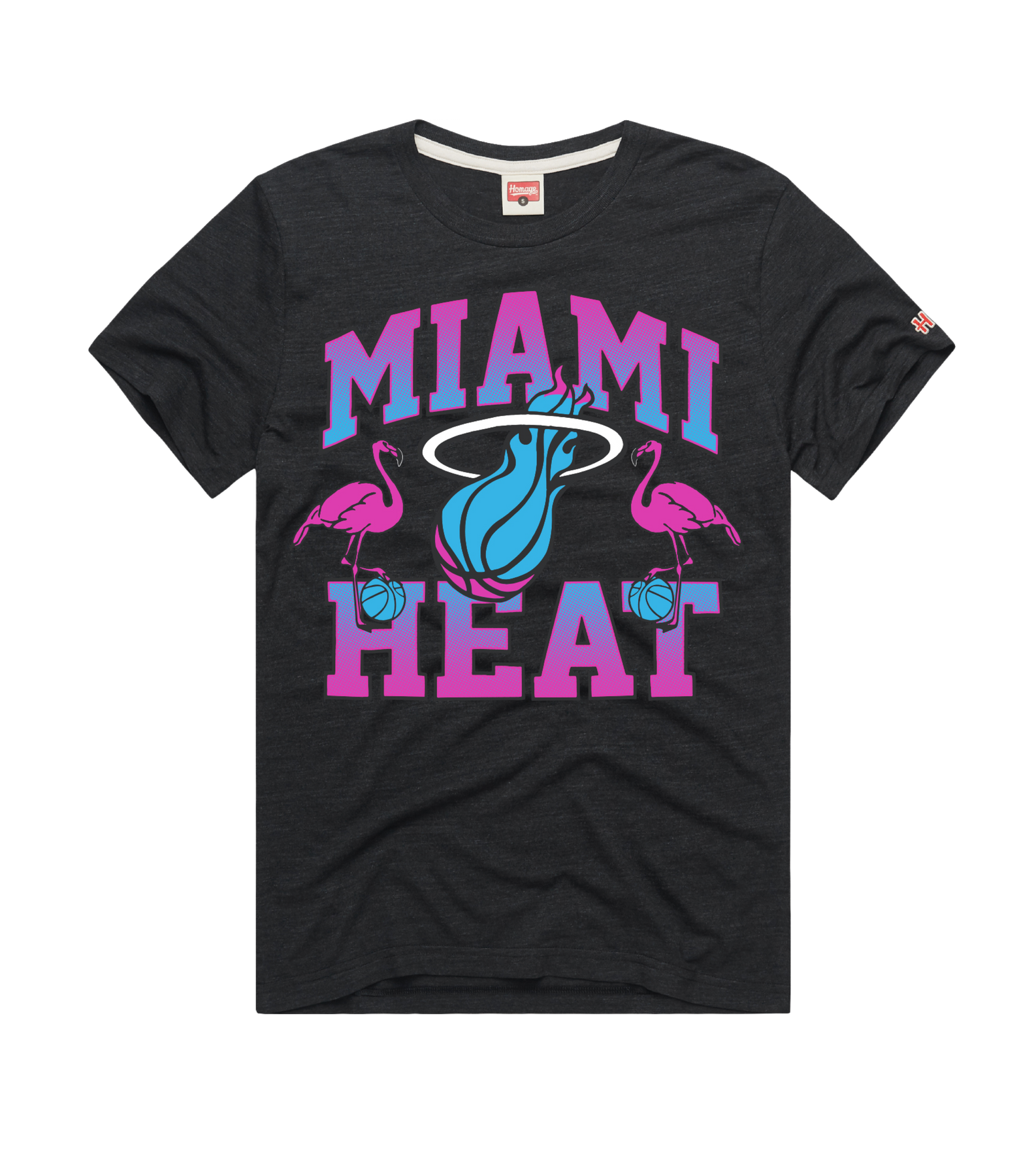 The Homage Miami HEAT Original Vice Nights Flamingo Tee by Homage features large pink and blue MIAMI HEAT text, a blue flaming basketball logo, and two pink flamingos holding basketballs on a soft black blend.