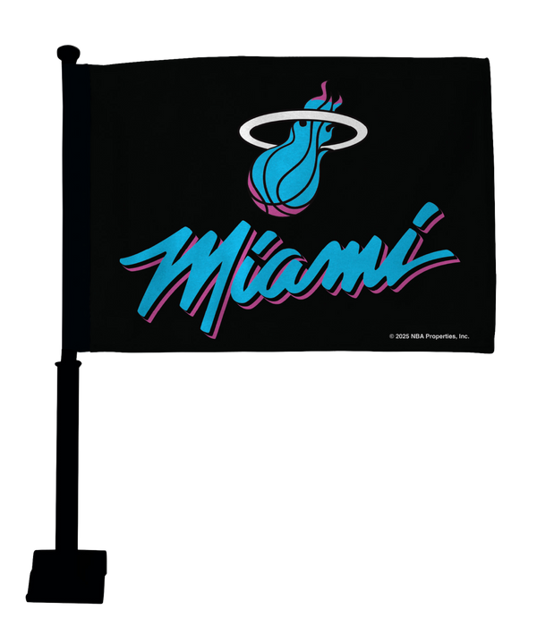 The Rico Industries Miami HEAT Original Vice Nights Car Flag showcases a black polyester flag with a flaming basketball, white halo, and bold blue and pink 