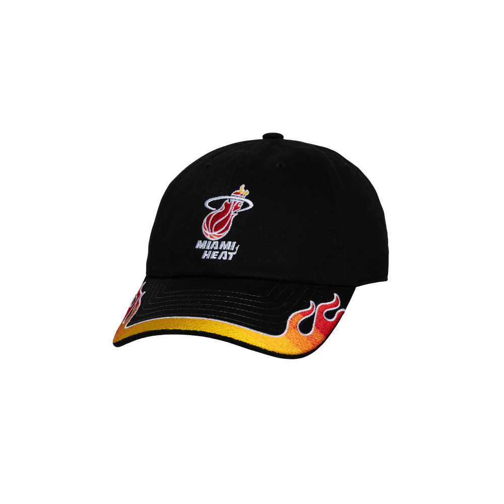 The Mitchell & Ness Miami HEAT Flame Dad Hat is a black cotton cap with the team logo on front and red-yellow flame accents on the brim. One size fits most; spot clean for best care.