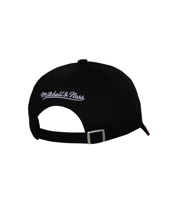 The Mitchell & Ness Miami HEAT Flame Dad Hat is a black cotton cap with the team logo on front and red-yellow flame accents on the brim. One size fits most; spot clean for best care.