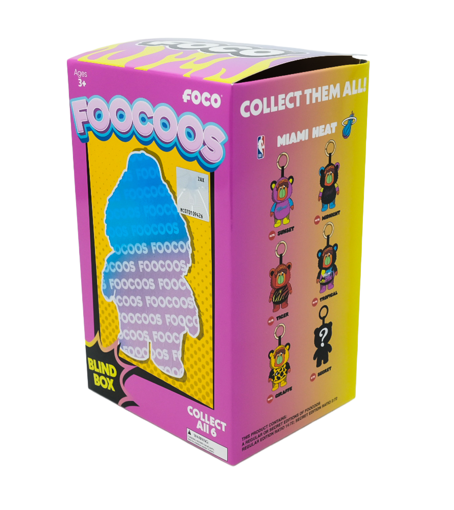 A purple Miami HEAT Burnie Foocoos Plushie Keychain Blind Box by Forever Collectibles features a mystery figure silhouette and showcases six plush keychain bag charm designs displayed on the side panel.