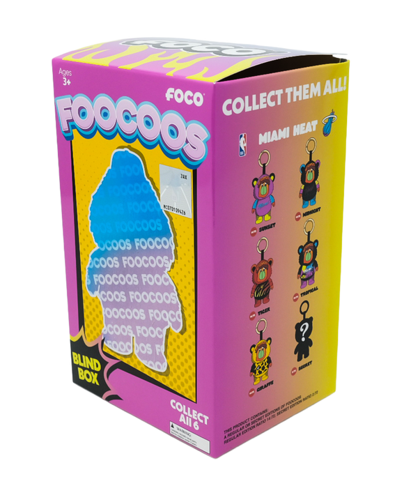 A purple Miami HEAT Burnie Foocoos Plushie Keychain Blind Box by Forever Collectibles features a mystery figure silhouette and showcases six plush keychain bag charm designs displayed on the side panel.