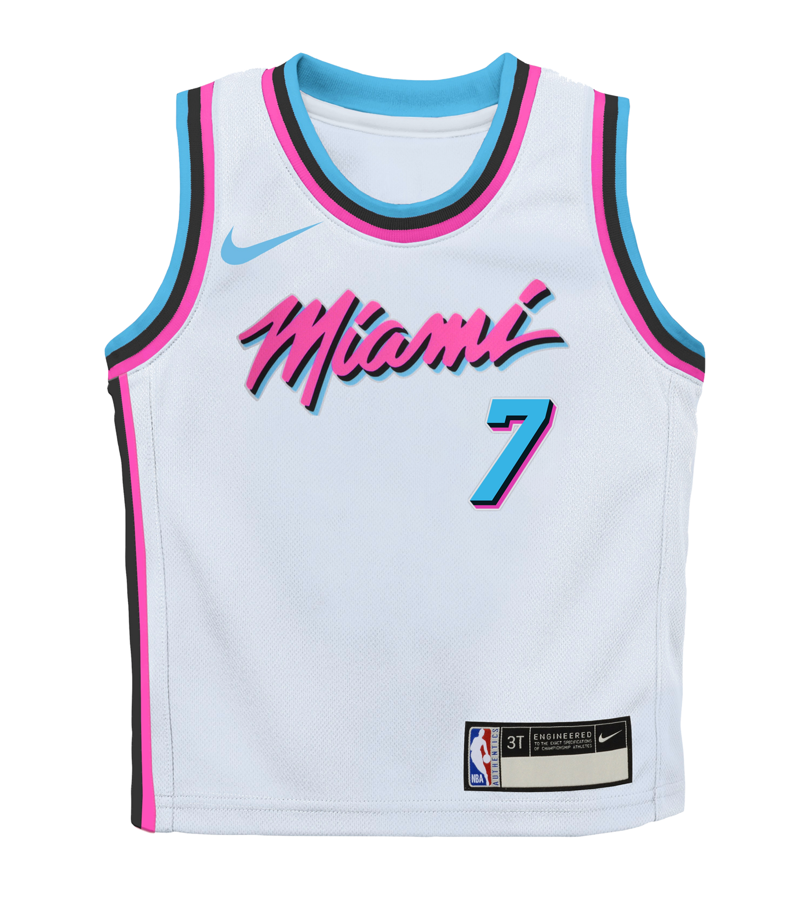 A white Giannis Antetokounmpo Nike Original Vice Toddler Replica Jersey featuring pink and blue trim, “Miami” in pink, the number 7 in blue, and Nike and NBA logos at the bottom.