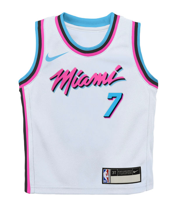 A white Giannis Antetokounmpo Nike Original Vice Toddler Replica Jersey featuring pink and blue trim, “Miami” in pink, the number 7 in blue, and Nike and NBA logos at the bottom.