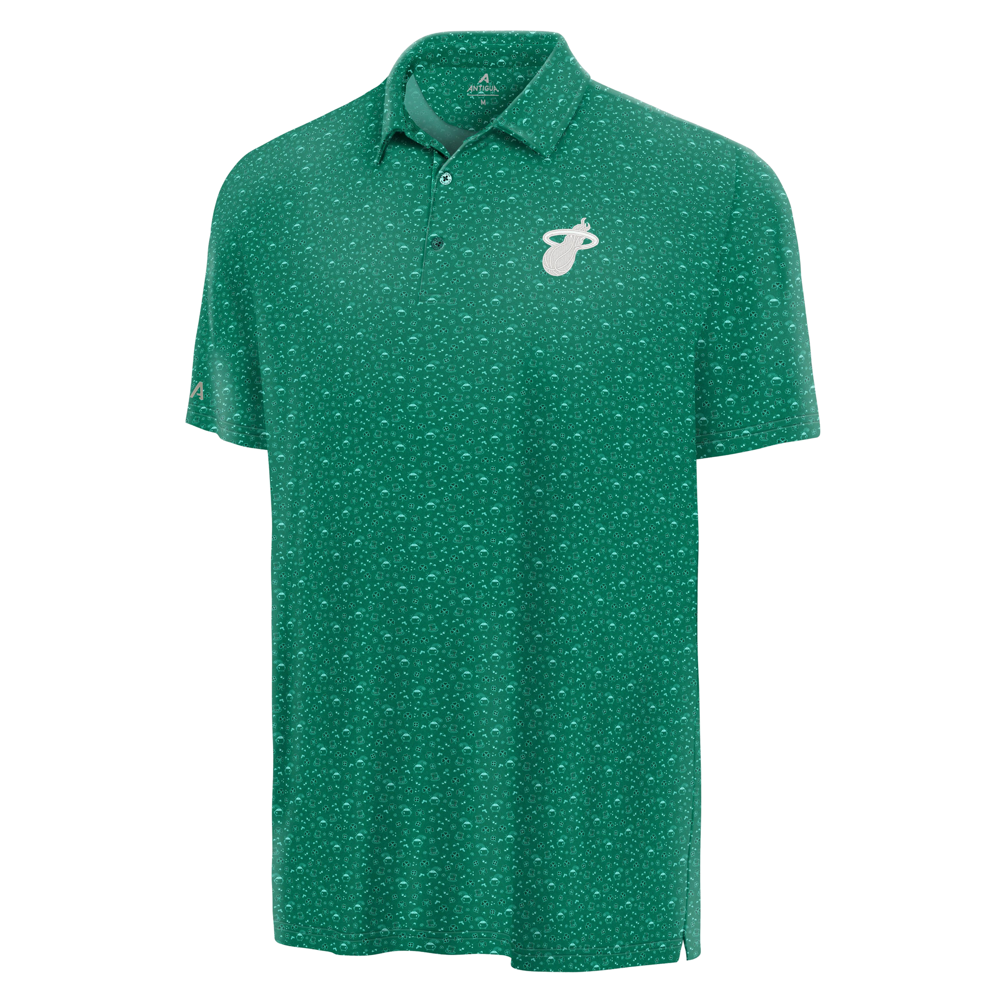 The Antigua Miami HEAT St. Patrick’s Day Polo by Antigua is a green, short-sleeve polo with a white Miami Heat logo on the left chest, subtle dotted pattern, standard fit, three-button collar, and is machine wash cold for easy care.