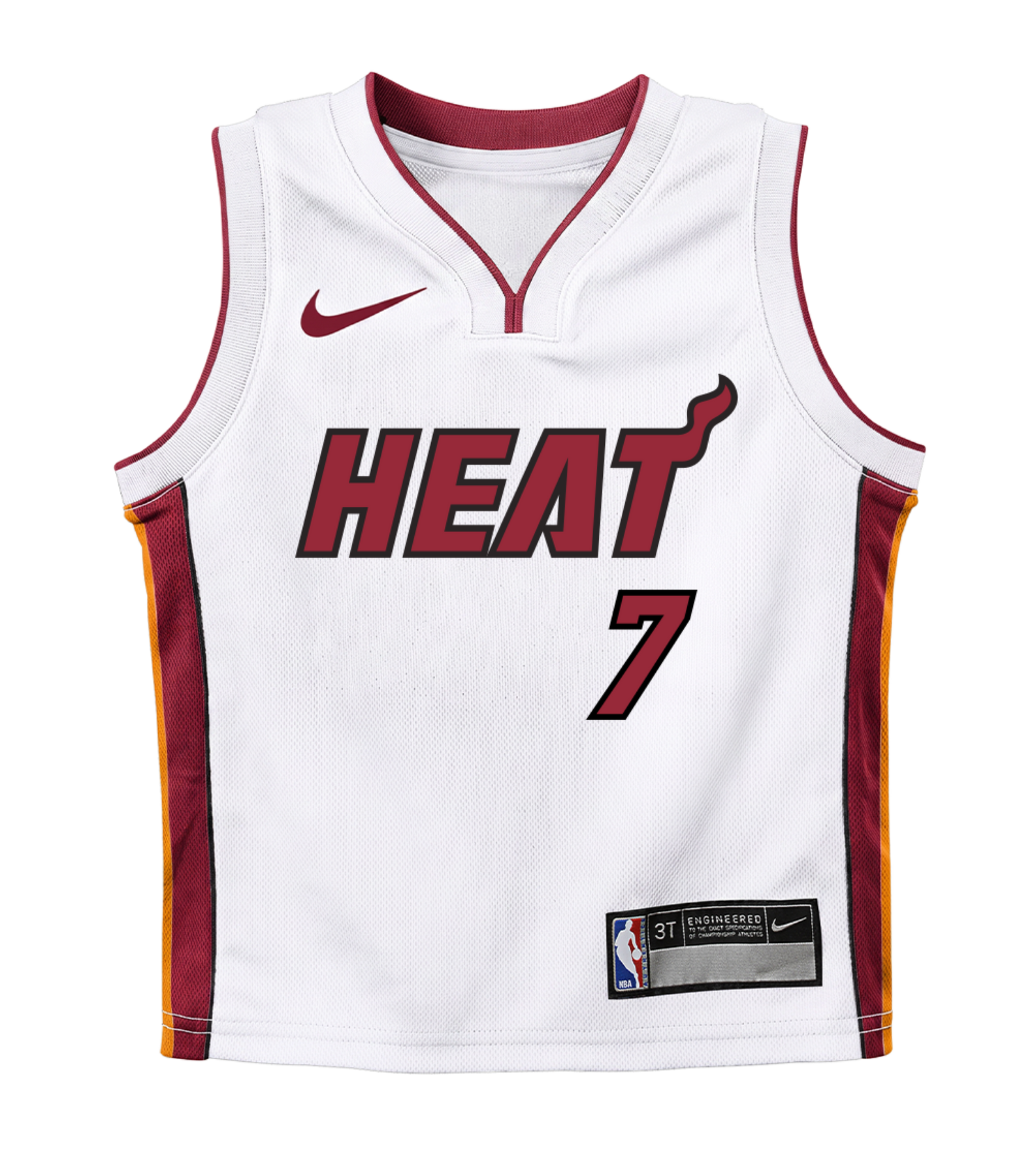 A white Giannis Antetokounmpo Nike Association Toddler Replica Jersey featuring red and yellow accents, the iconic Nike logo, and the number 7 on the front. Crafted from polyester in a standard fit, this Miami Heat jersey is easy to care for—just machine wash and wear.