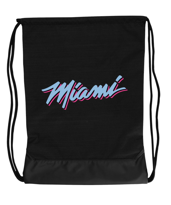 The Nike Miami HEAT Original Vice Nights Drawstring Bag features “Miami” in retro blue and pink script on black recycled polyester—your perfect gym or game-day accessory.