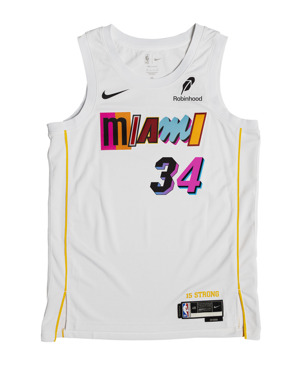 The Giannis Antetokounmpo Nike Miami Mashup Vol. 2 Swingman Jersey features bold multicolored Miami text, number 34, yellow side stripes, and authentic Nike, Robinhood, and NBA logos for dedicated basketball fans.