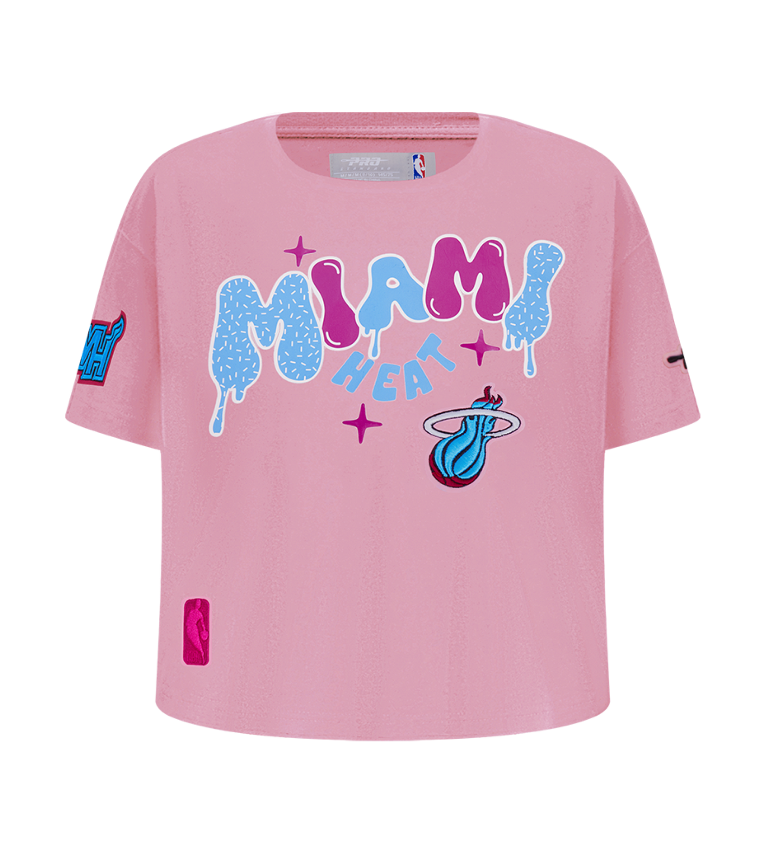 The Pro Standard Miami HEAT Original Vice Nights Girls Graffiti Boxy Tee is a pink, cotton, boxy-fit tee with drippy MIAMI HEAT graphics, flaming basketball logo, purple stars, sleeve and hem patches. Machine washable for easy care.