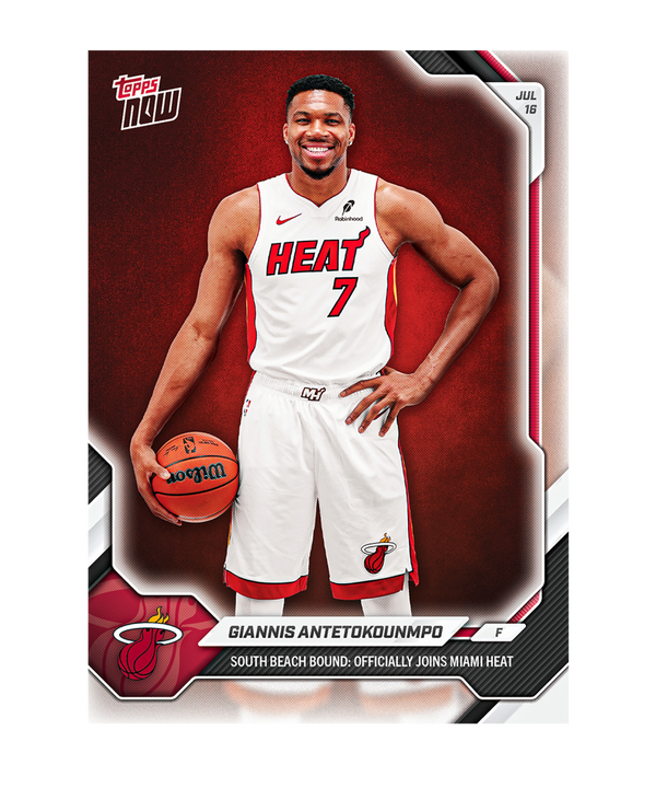 A basketball player in a Miami HEAT uniform stands smiling, holding a basketball. The TOPPS Giannis Antetokounmpo 2026-27 Topps NOW® Card OS02 commemorates Giannis Antetokounmpo’s official arrival to the Miami HEAT.