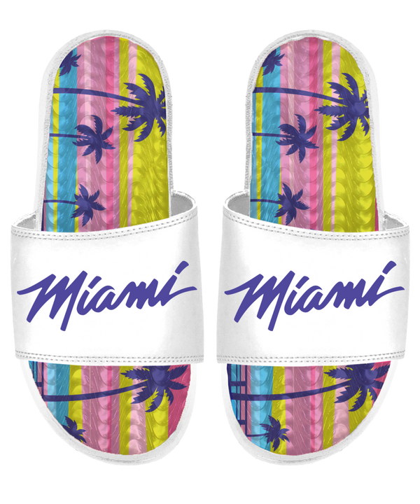 The ISlide Miami HEAT Original Vice Nights Palm Tree Gel Sandals feature pink, yellow, and blue stripes with purple palm trees, white adjustable 