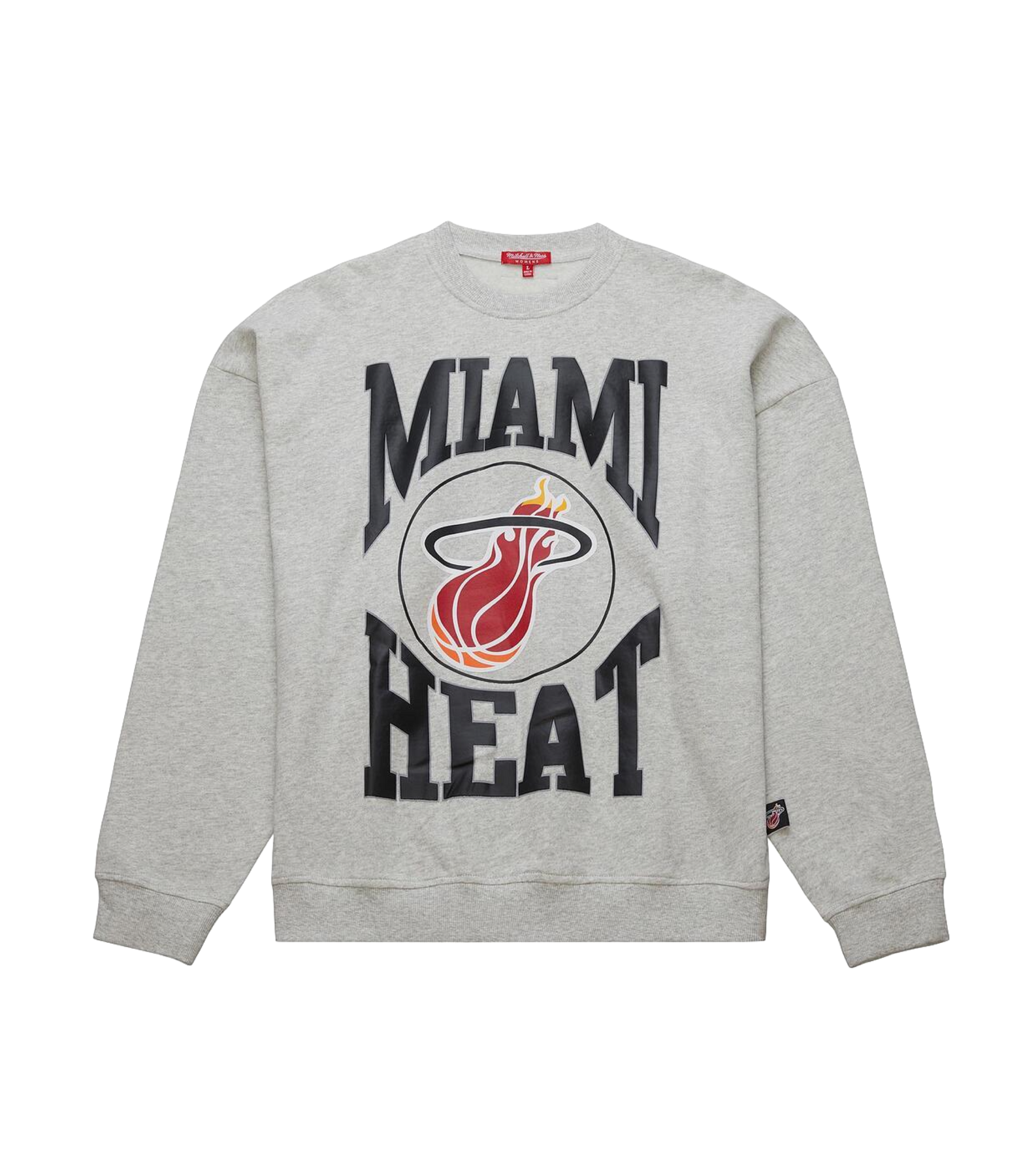 Gray Mitchell & Ness Miami HEAT lightweight women's crewneck sweatshirt with black and red logo. - Mitchell & Ness Miami HEAT Lightweight Women's Crewneck
