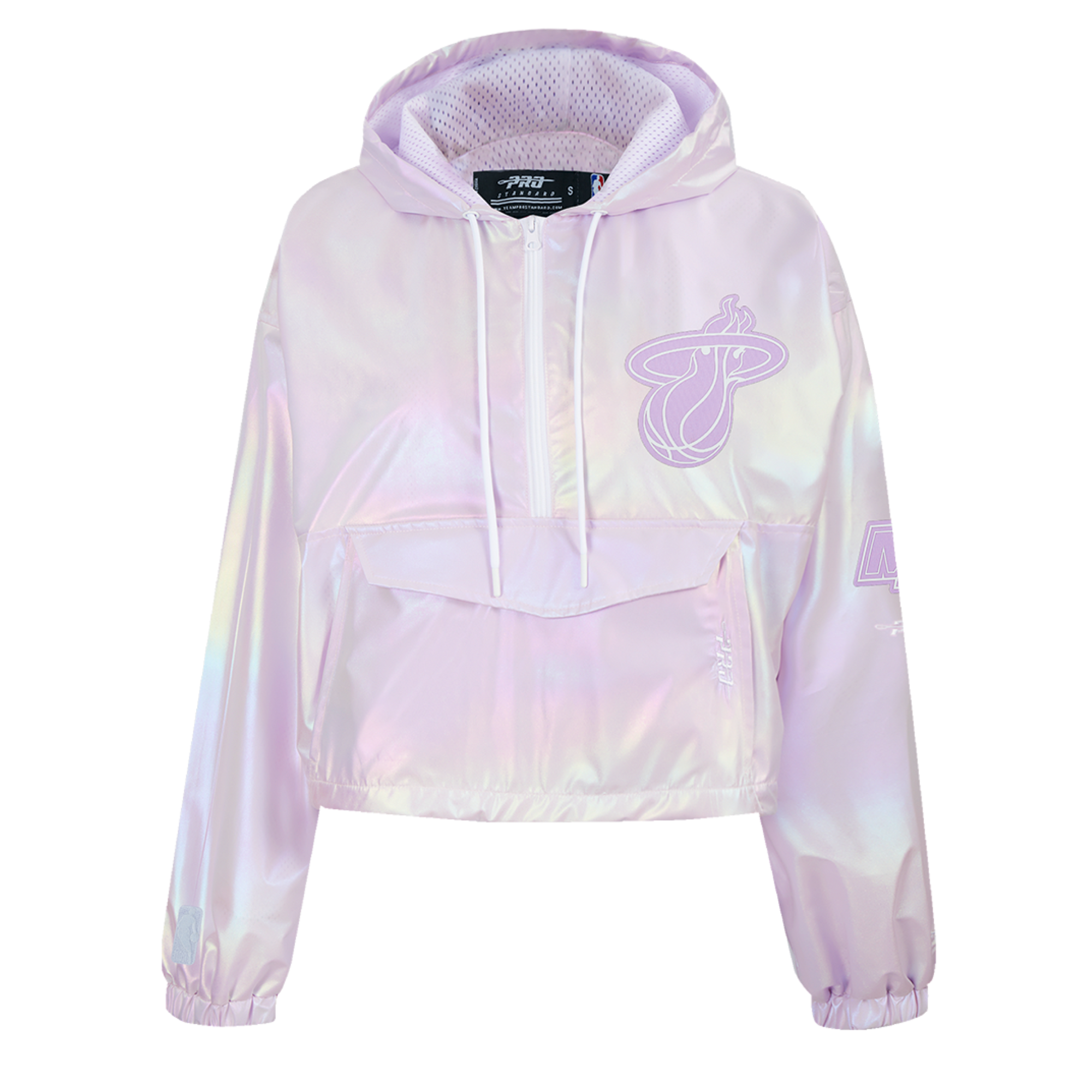 The Pro Standard Miami HEAT Hologram Half Zip Women's Hoodie features a pastel iridescent finish, relaxed fit, mesh-lined hood with white drawstrings, large front pocket, and the team logo on the chest.
