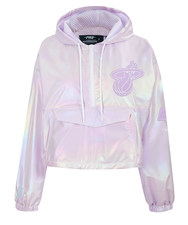 The Pro Standard Miami HEAT Hologram Half Zip Women's Hoodie features a pastel iridescent finish, relaxed fit, mesh-lined hood with white drawstrings, large front pocket, and the team logo on the chest.