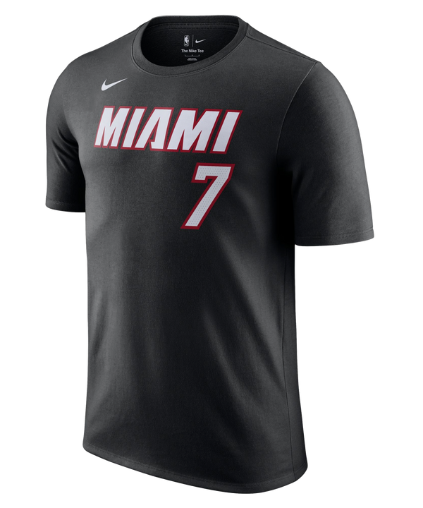Introducing the Giannis Antetokounmpo Nike Miami HEAT Icon Black Name & Number Tee by Nike—a sleek black T-shirt adorned with screen-printed 