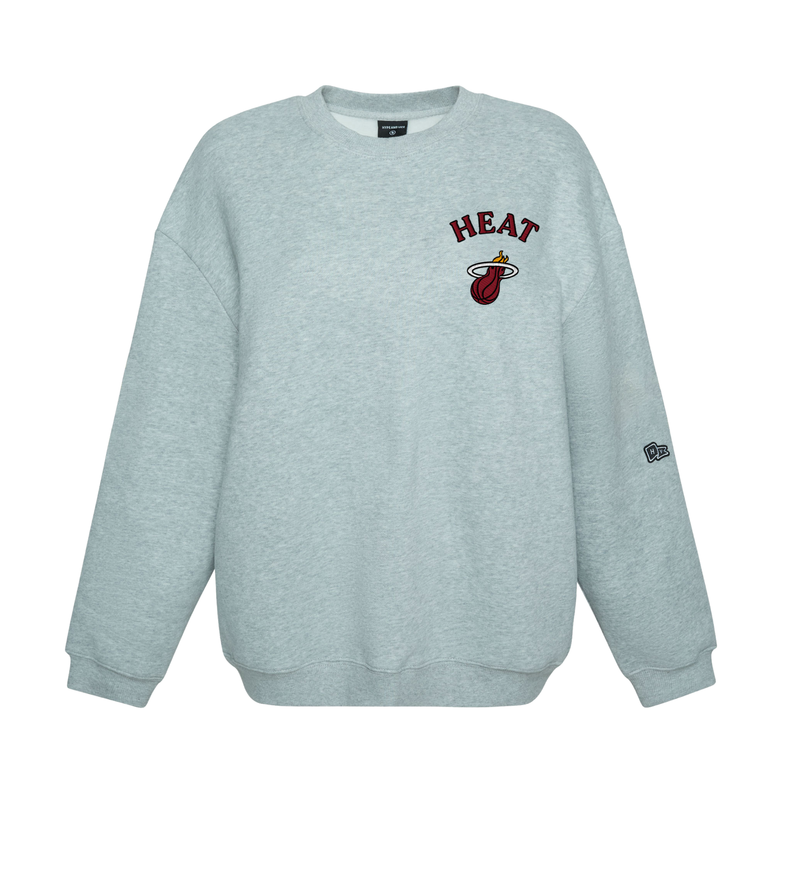 Gray oversized crewneck sweatshirt with Miami HEAT logo on chest and black wrist and waistband cuffs. - Hype and Vice Miami HEAT Oversized Crew