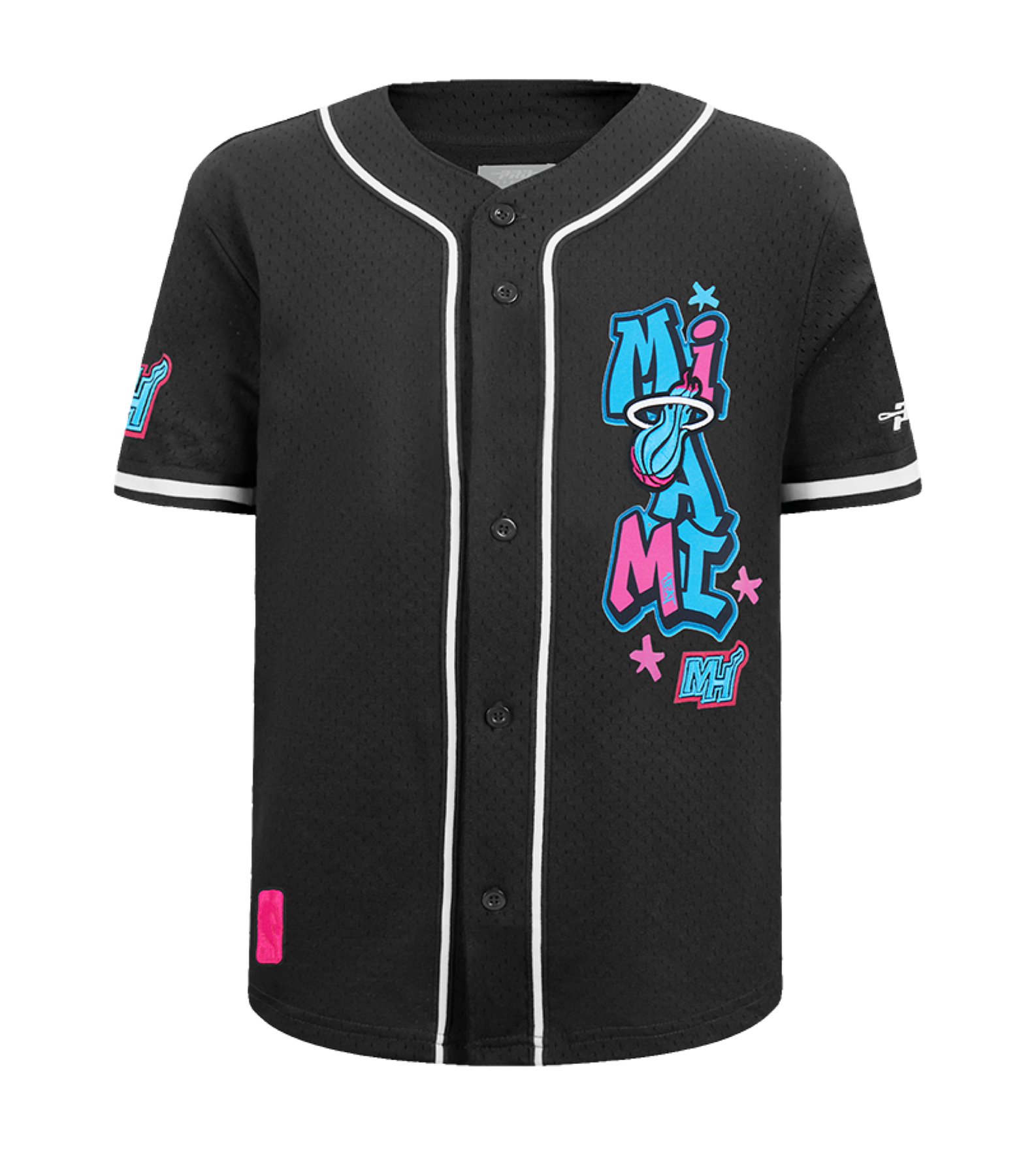 The Pro Standard Miami HEAT Original Vice Nights Youth Mesh Shirt by Pro Standard features bold “Miami” lettering, the Heat logo, extra team graphics on the sleeve, and is made of easy-care polyester in a standard fit.