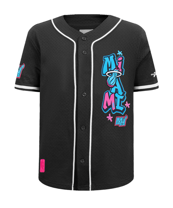 The Pro Standard Miami HEAT Original Vice Nights Youth Mesh Shirt by Pro Standard features bold “Miami” lettering, the Heat logo, extra team graphics on the sleeve, and is made of easy-care polyester in a standard fit.