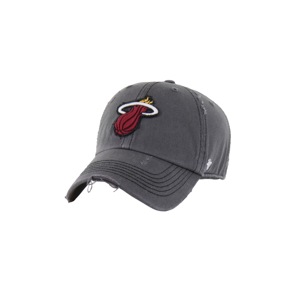 The '47 Brand Miami HEAT Weathered Logo Cleanup Hat is a gray cotton cap featuring a red, yellow, and white flaming basketball logo on the front. It has a slightly distressed look, is one size fits most, and should be spot cleaned for best care.