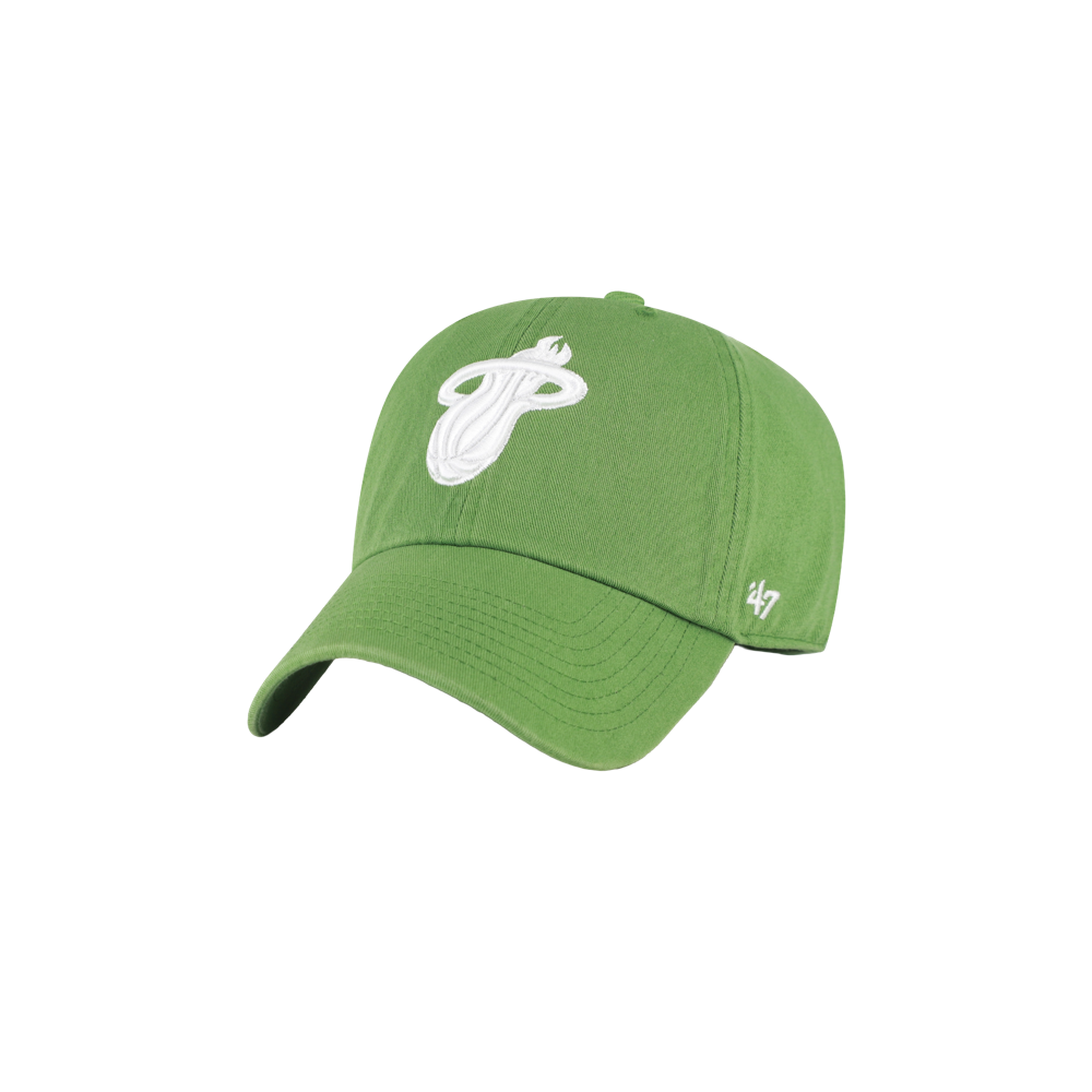 The '47 Brand Miami HEAT Green Cleanup Dad Hat features fatigue green cotton, a white embroidered team logo on the front, a small white '47 logo on the side, and an adjustable fit, shown on a plain white background.