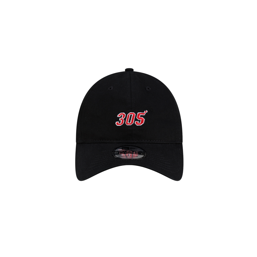 Court Culture x New Era 305 Dad Cap in black cotton, featuring 305 embroidered in red with a white outline on the front.
