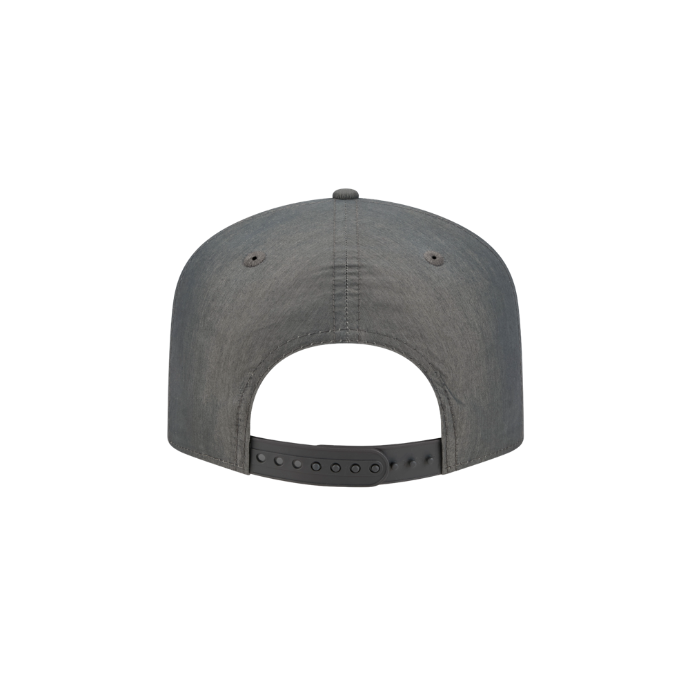 Back view of the New Era Miami HEAT Nylon Grey Snapback by New Era, featuring a gray cotton-nylon build, black adjustable snapback closure, pre-curved visor, and one-size-fits-most design against a plain white background.