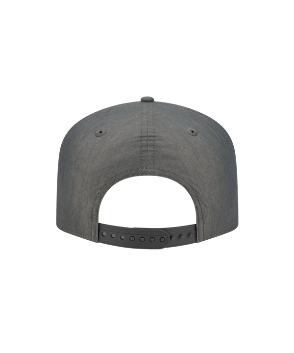 The New Era Miami HEAT Nylon Grey Snapback is a gray adjustable cotton-nylon cap with a white Miami Heat flaming logo, pre-curved visor, 