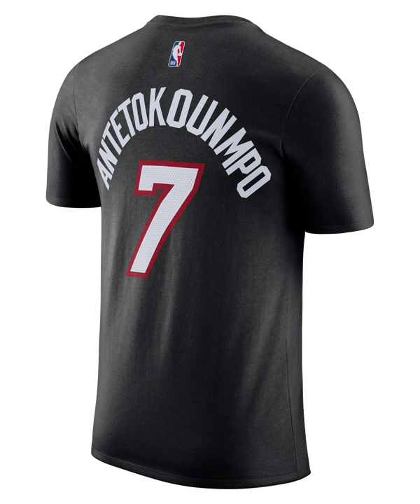 Introducing the Giannis Antetokounmpo Nike Miami HEAT Icon Black Name & Number Tee by Nike—a sleek black T-shirt adorned with screen-printed 