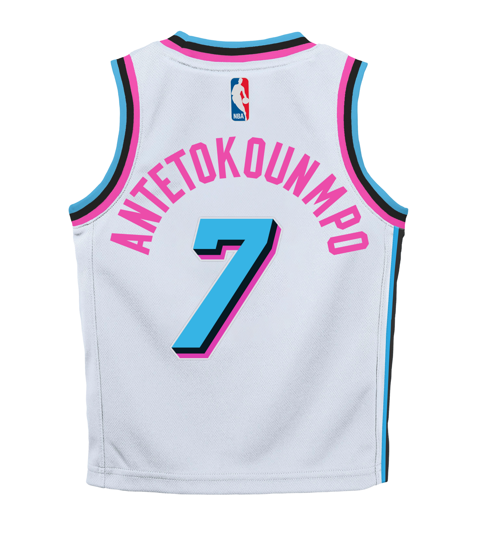 The Nike Giannis Antetokounmpo Original Vice Toddler Replica Jersey features a white design with pink and blue trim, showcasing Antetokounmpo’s name in pink and the number 7 in blue with a black shadow on the back.