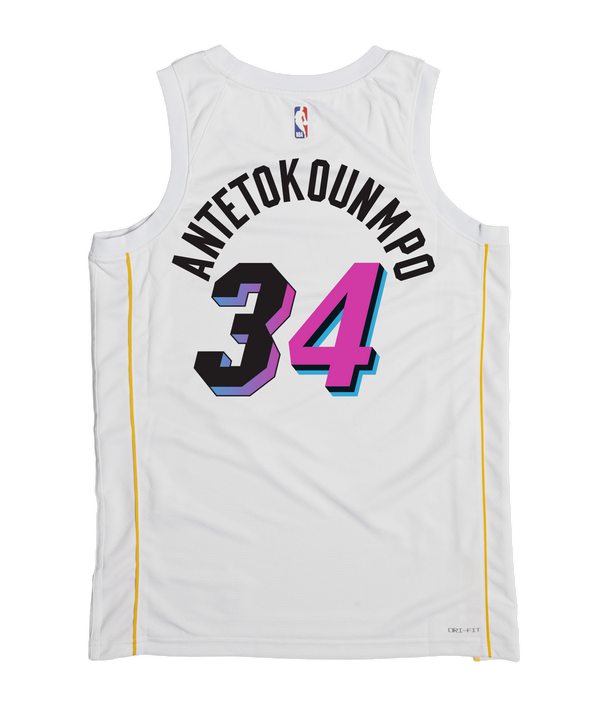 The Giannis Antetokounmpo Nike Miami Mashup Vol. 2 Swingman Jersey features bold multicolored Miami text, number 34, yellow side stripes, and authentic Nike, Robinhood, and NBA logos for dedicated basketball fans.
