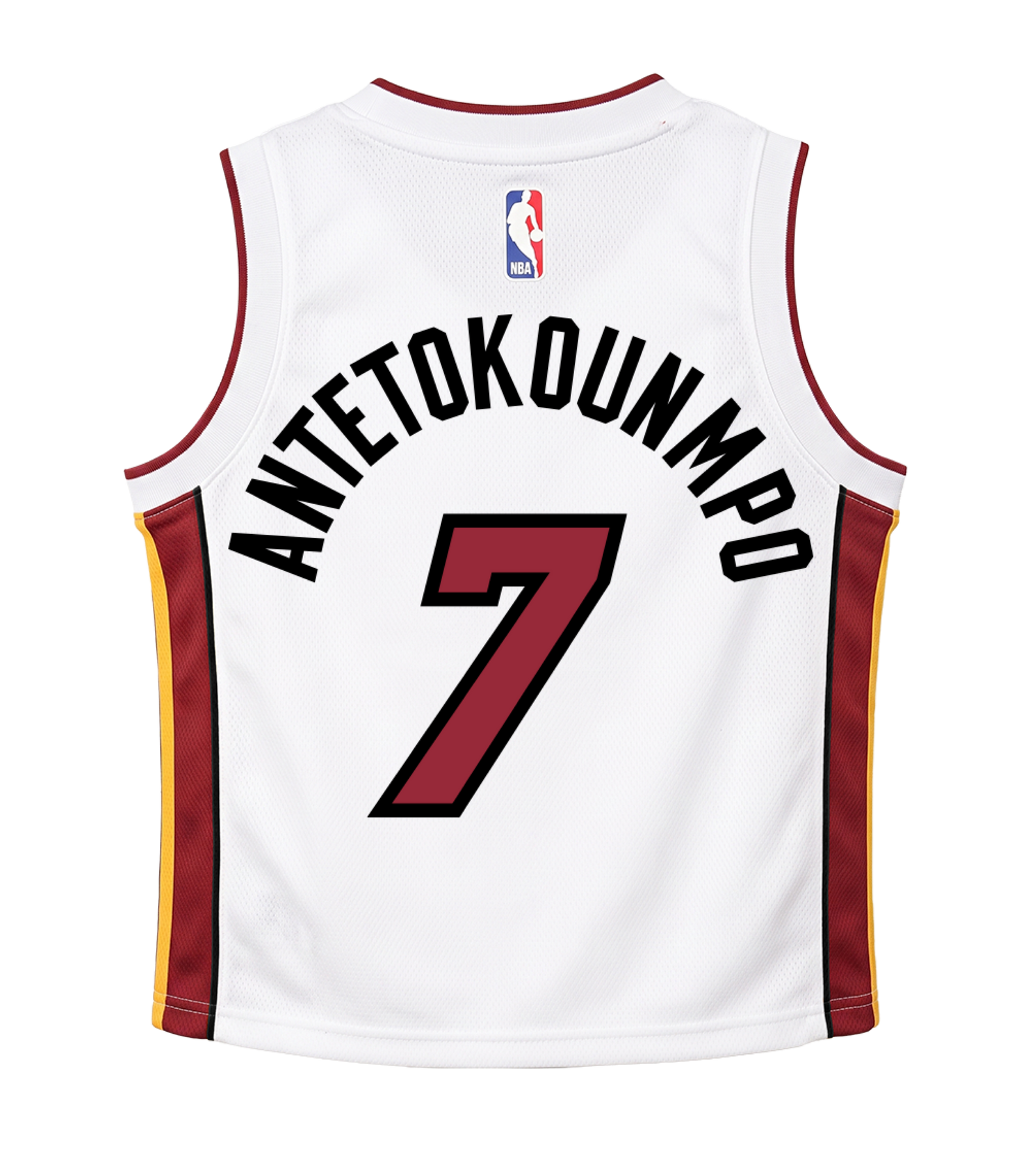 The Giannis Antetokounmpo Nike Association White Toddler Replica Jersey by Nike features red and yellow side stripes, the NBA logo, ANTETOKOUNMPO’s name, and the number 7 on the back. Made from lightweight polyester for comfort, this standard fit jersey is built to last through every game and can be easily cared for with a simple machine wash.