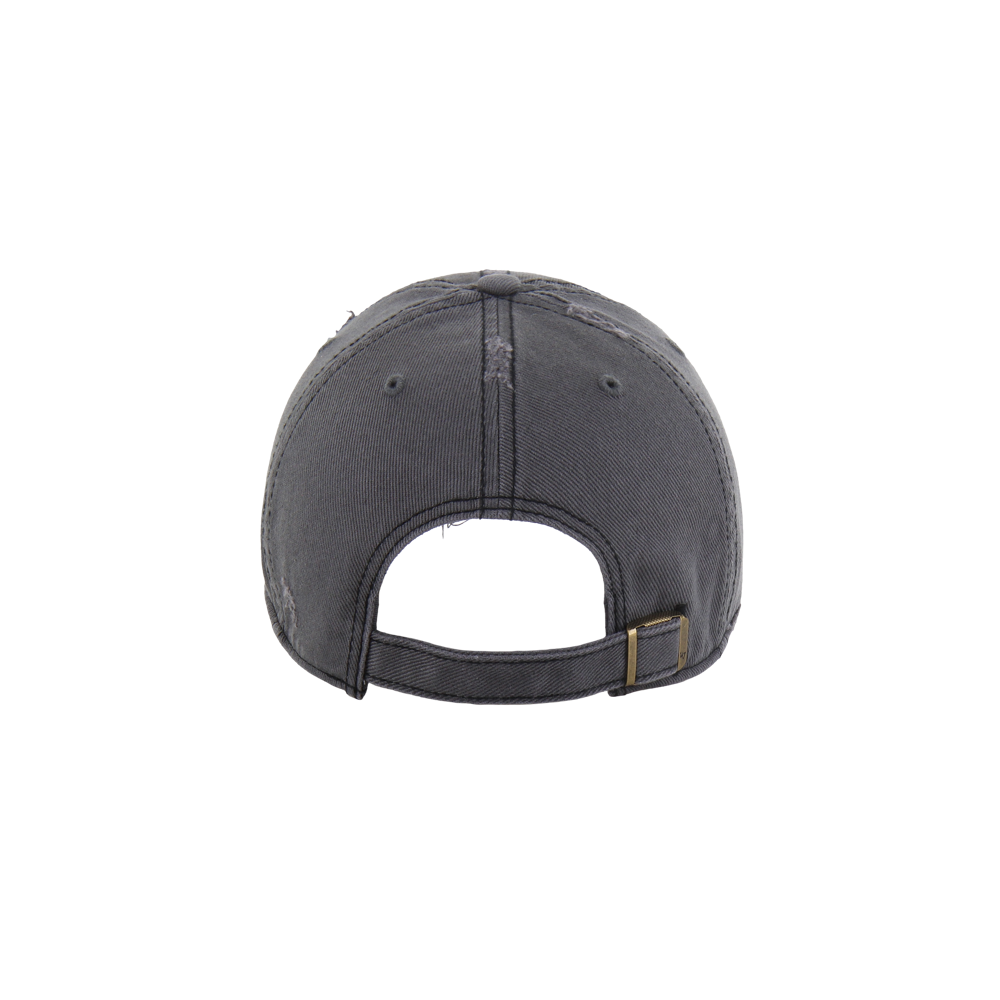 A back view of the '47 Brand Miami HEAT Weathered Logo Cleanup Hat in dark gray cotton, featuring visible stitching, an adjustable strap with metal buckle, against a white background. One size fits most; spot clean for best care.