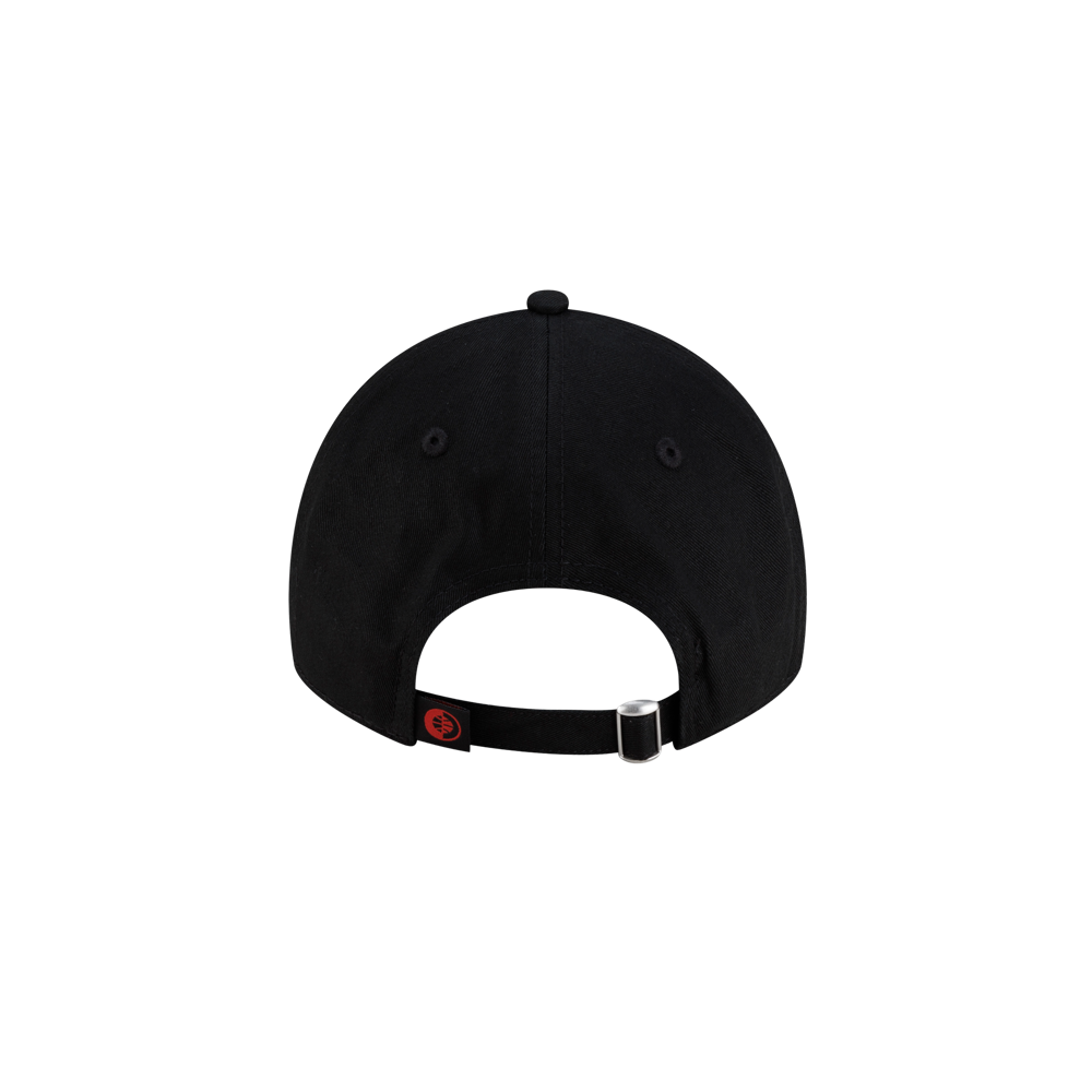 Back view of a black cotton Court Culture x New Era 305 Dad Cap featuring an adjustable metal slider and a small red tag on the strap.